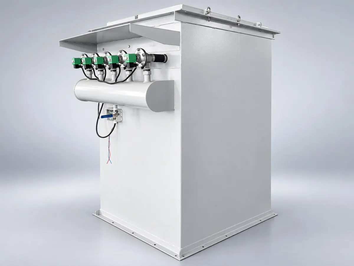 Pulse-jet bag filter from the side, showing the long casing and inspection roof