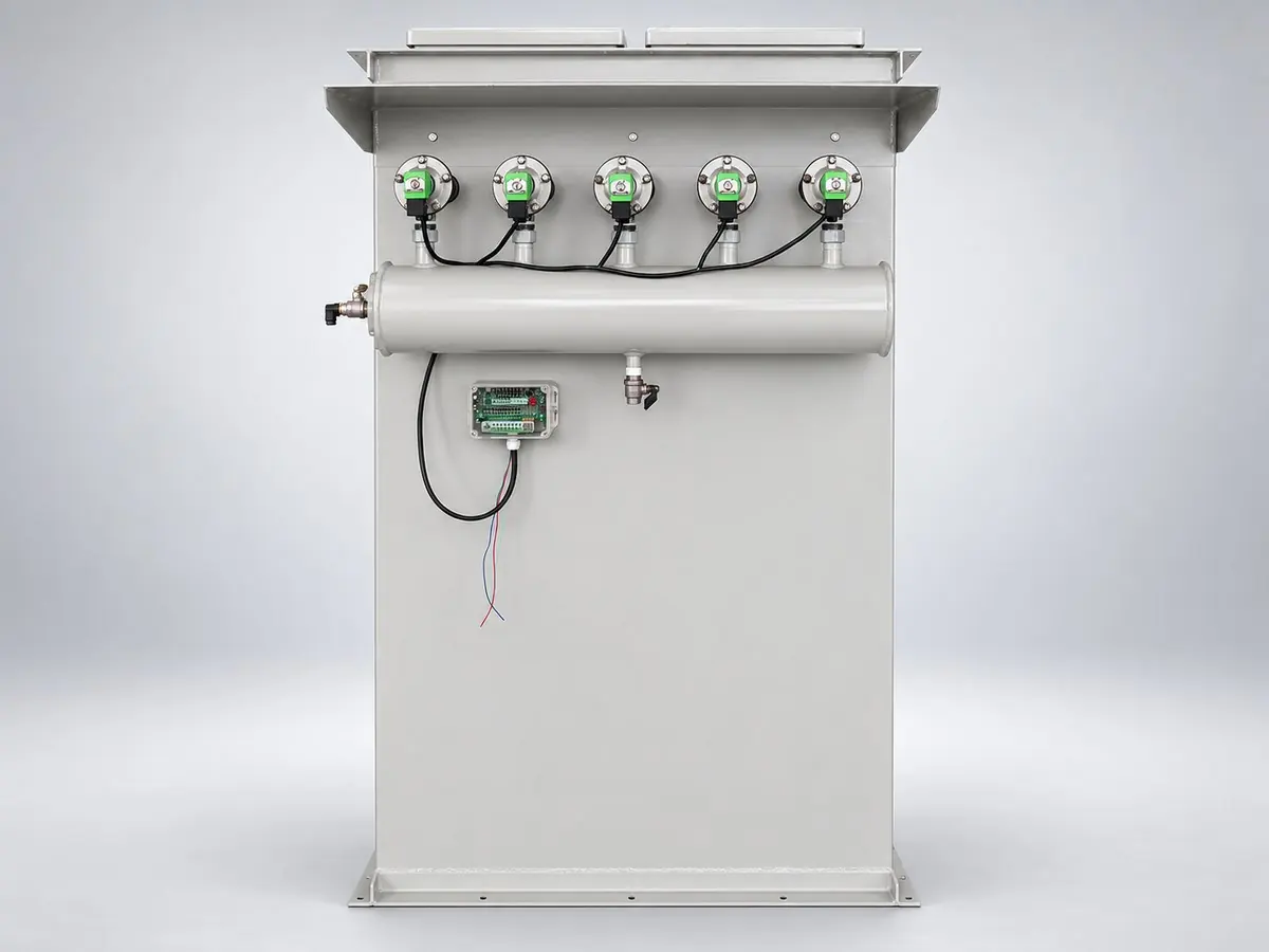 Pulse-jet bag filter from the front, with a row of pulse valves on the air header