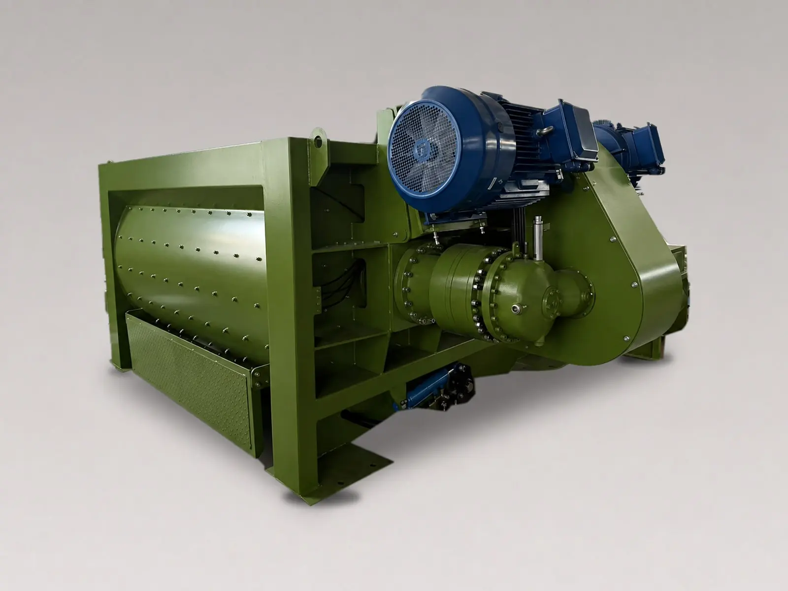 Green twin-shaft batch mixer with two drive motors and a full belt guard