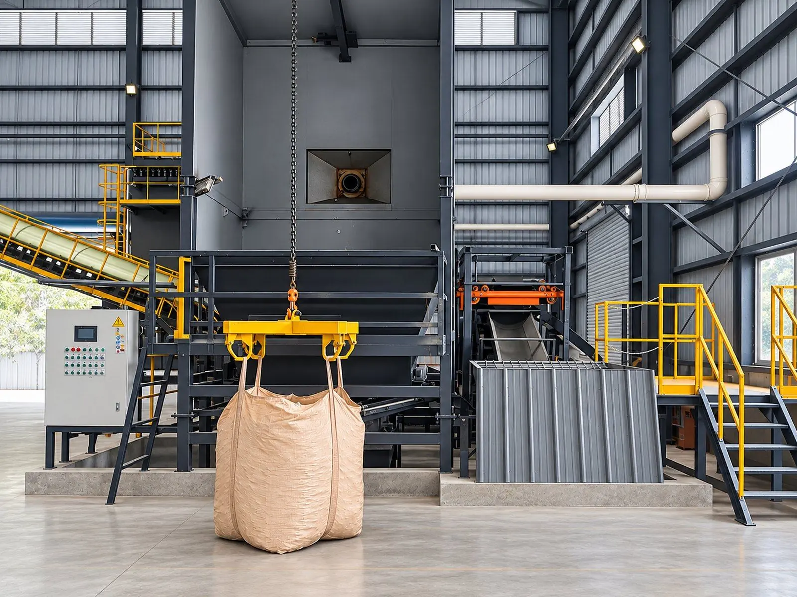 Large enclosed bulk bag station with an electric hoist and a yellow spreader bar holding a full bag