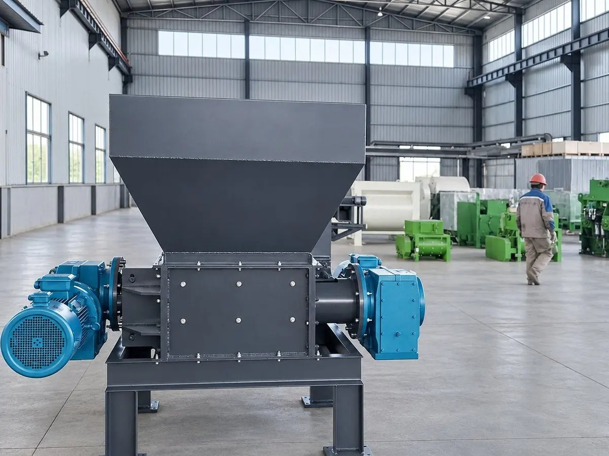 Twin-shaft shredder with a tall feed hopper, in our workshop