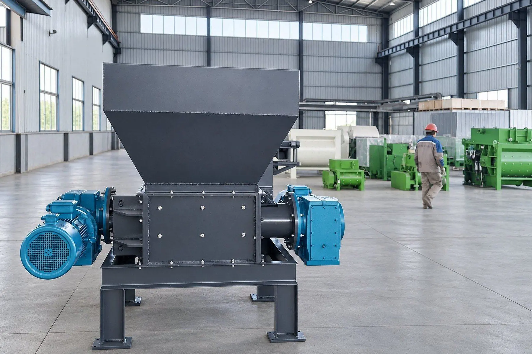 Twin-shaft shredder with a tall feed hopper and two blue gear motors, in the workshop with green twin-shaft mixers behind