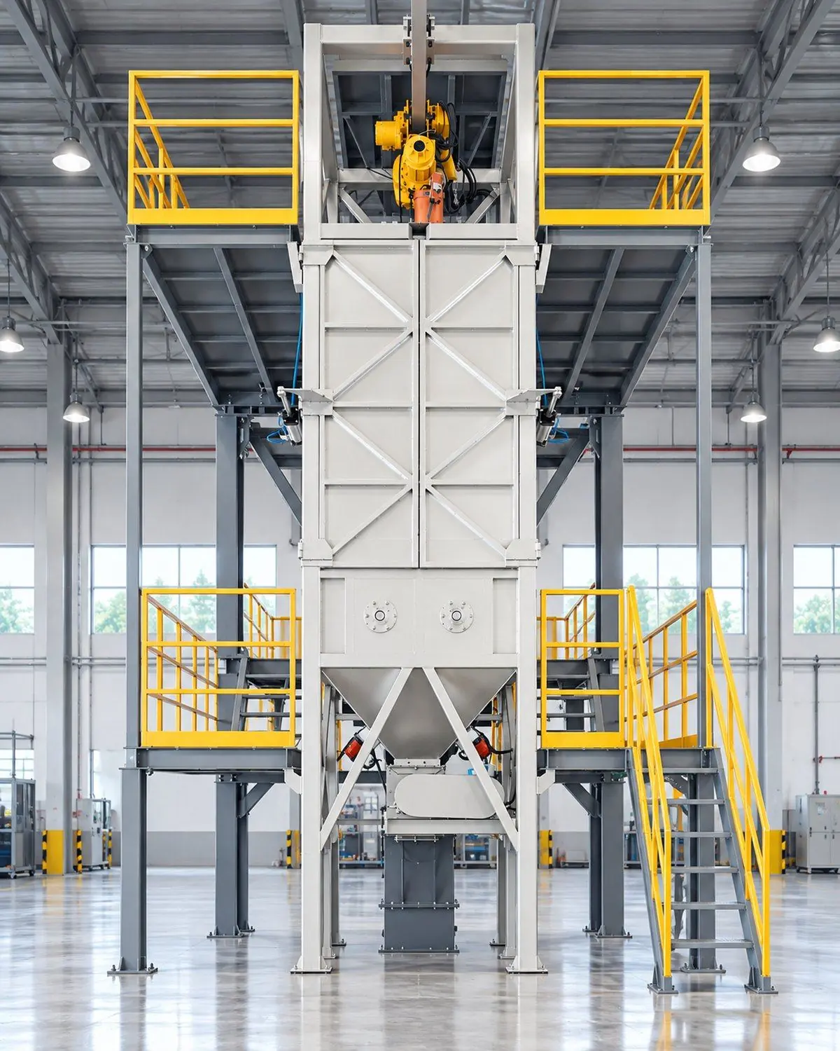 Bulk bag unloading station with hoist and enclosed chamber